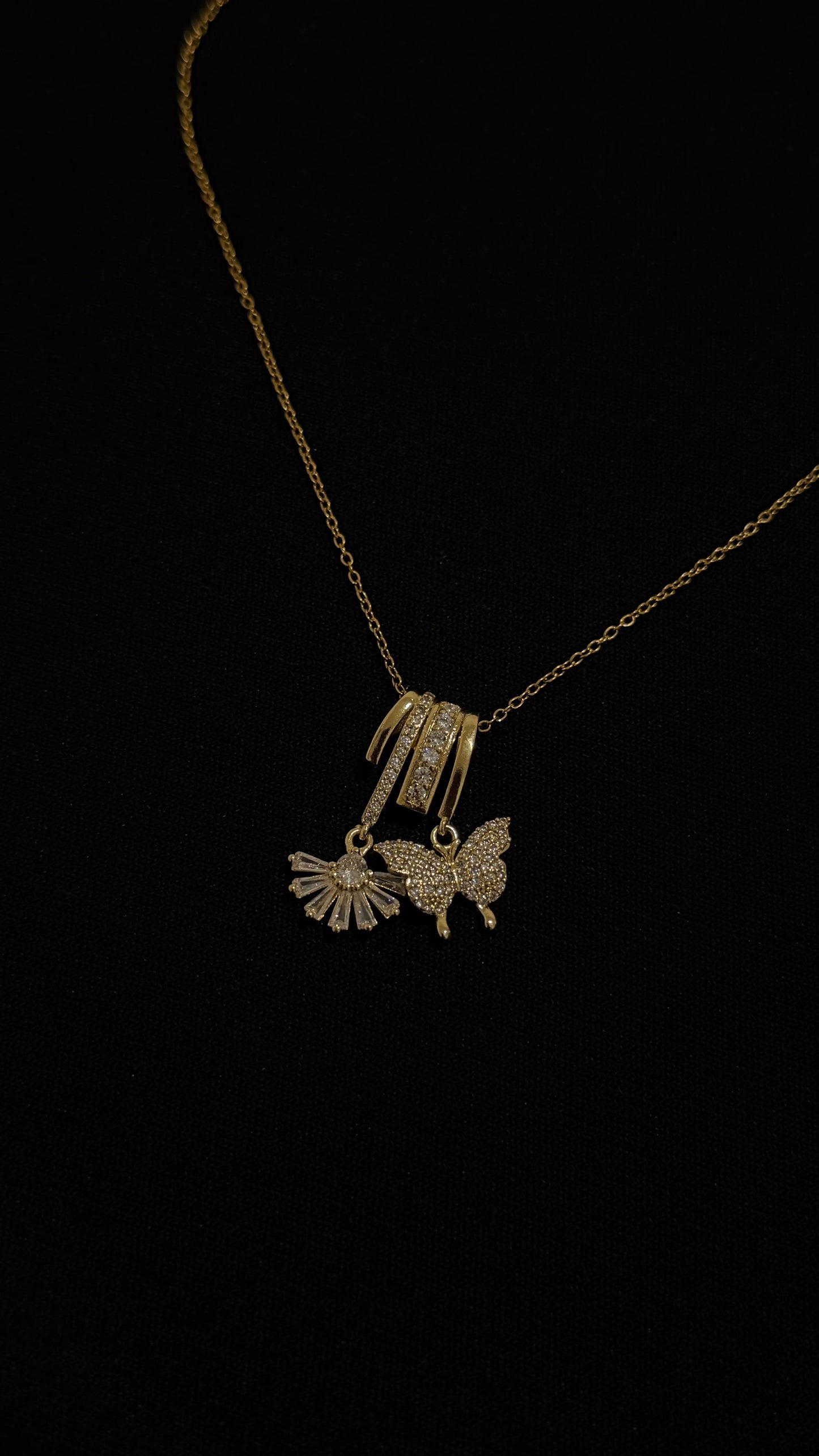 Gold Necklace with butterfly and flower crystal charms