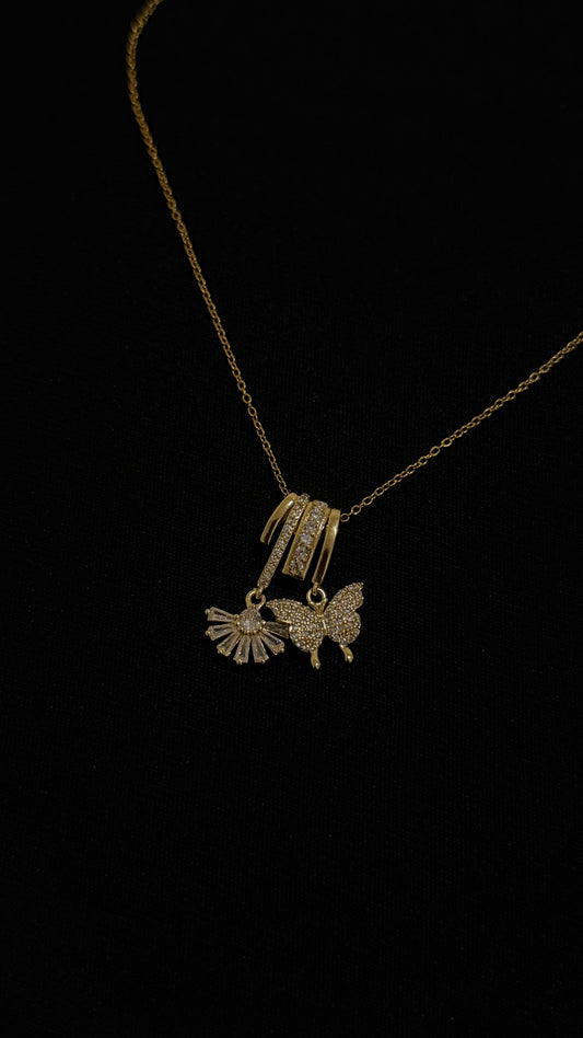 Gold Necklace with butterfly and flower crystal charms