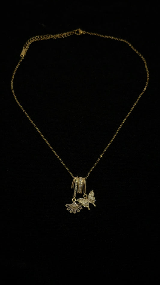 Gold Necklace with butterfly and flower crystal charms