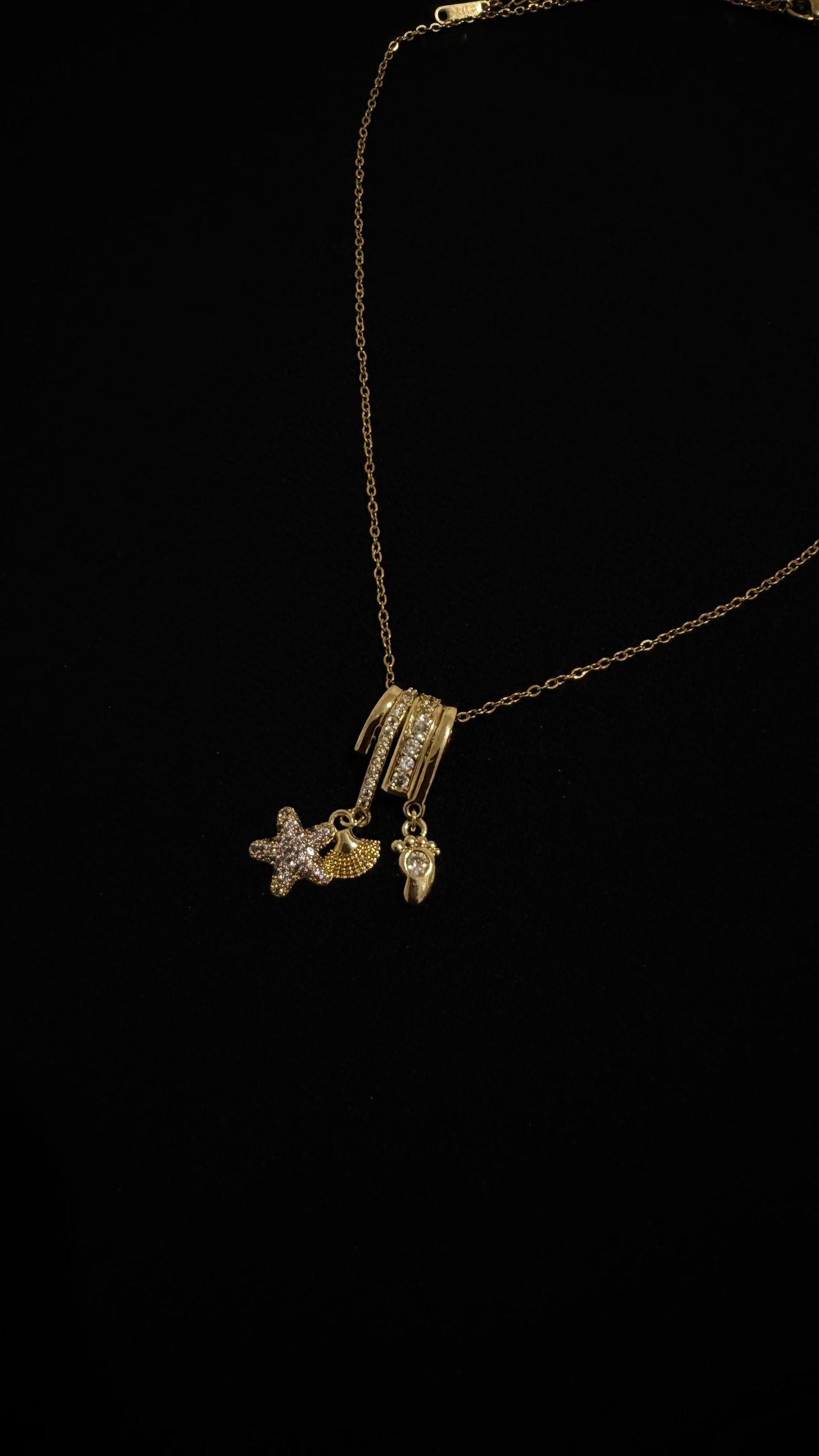 Gold Necklace with Star, Fan & Crystal Drops