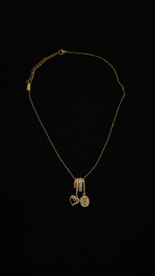 Gold Necklace with heart and flower charms