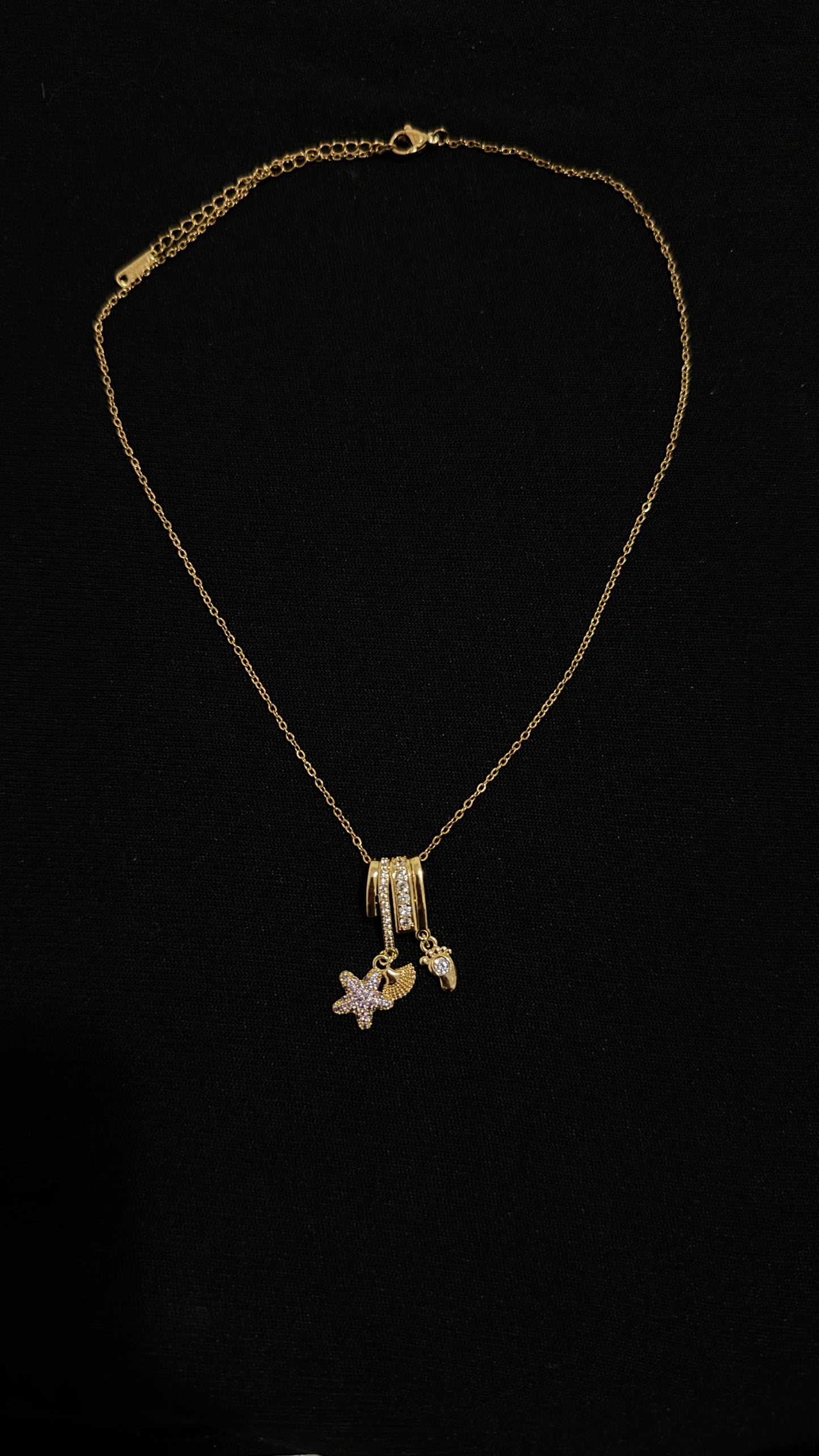 Gold Necklace with Star, Fan & Crystal Drops