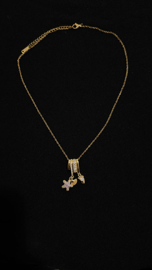 Gold Necklace with Star, Fan & Crystal Drops
